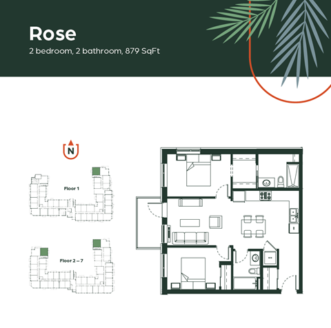 Floor plan for 2 beds, 2 baths, 879 sqft